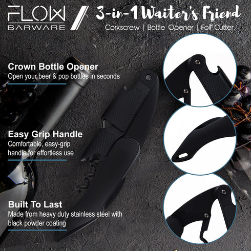 Waiter's Friend Corkscrew Wine Opener & Bottle Opener - Black