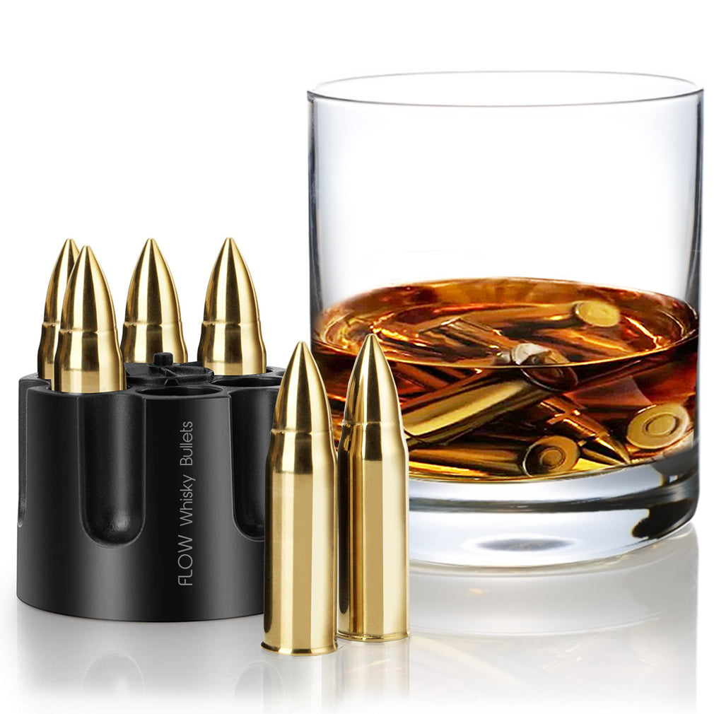 Set of 6 Gold Whiskey Stones Extra Large With Freezer Base, Bullet Shaped  Premium Stainless Steel Reusable Chilling Ice Cubes Rocks 